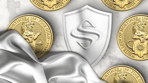 The Sprott logo on a shield surrounded by gold coins